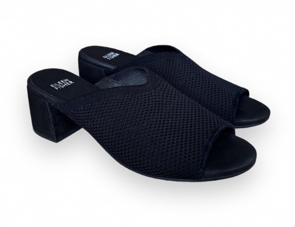Eileen Fisher Fave Block Heel Mules Sandals Black Stretch Women’s Size 9.5